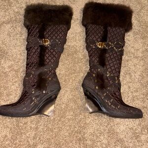 Baby Phat Brown fur  Quilted Winter Boots with Gold Accents